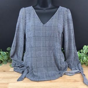 Michael Kors Plaid V-Neck Tie Sleeve Top